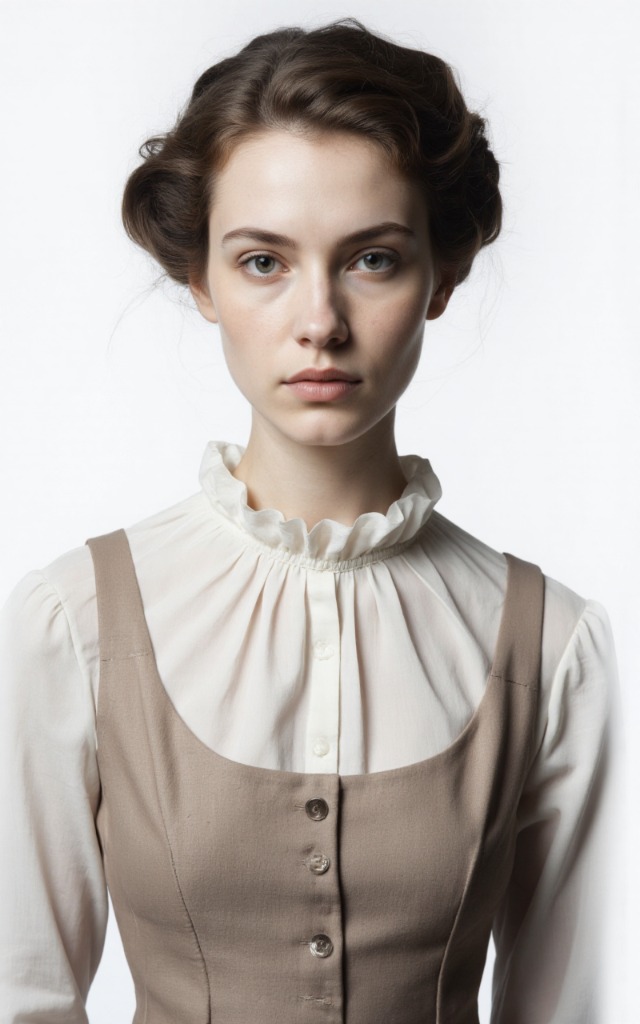 A French female model wearing a dress with a Gathered collar, white background, front   facing bust portrait